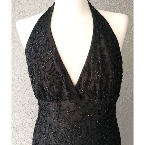 Carmen Marc Valvo Signature Halter Lace Beaded Silk Black Evening Dress Size 12 - Picture 2 of 7